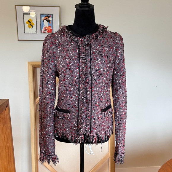 Anthropologie Red Bijou Fringe Tweed Blazer by McGinn Small - Picture 2 of 7